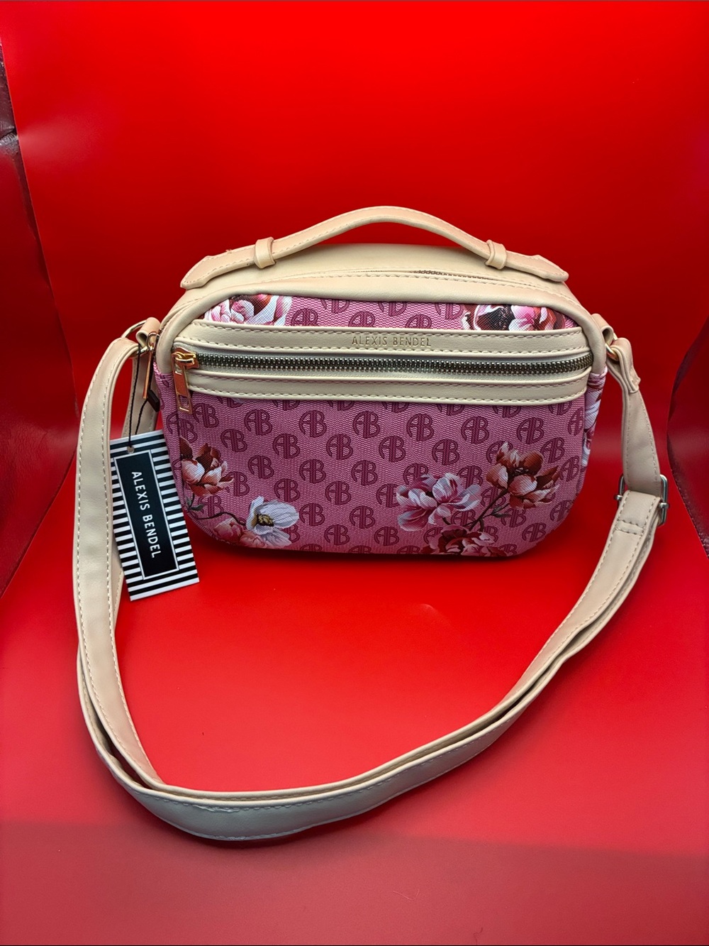 Alexis Bittar Pink Floral Logo Crossbody Bag with Cream Trim